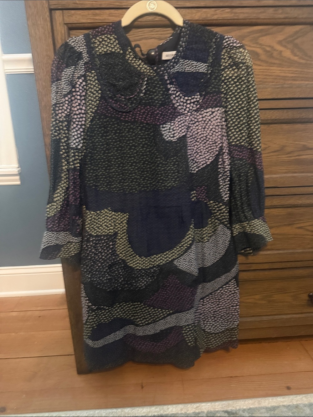 See by Chloé Abstract Midi Shift Dress in Navy, Olive & Purple
